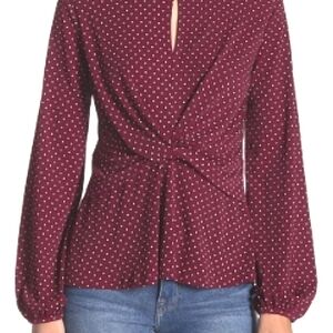 B'leev Womens Maroon Retro Balloon Sleeve Key Hole Twist Tie Peplum  Blouse SzXS